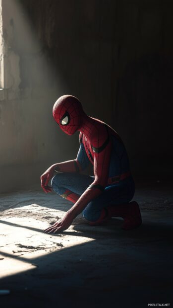 Spiderman crouched in a minimalistic shadowed environment.