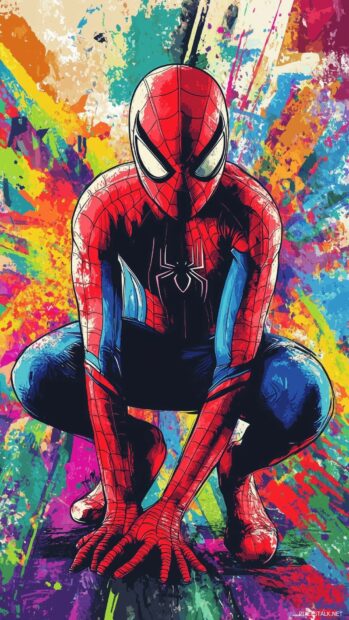 Spiderman crouching with a dynamic burst of colorful comic book patterns behind him.