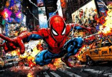 Spiderman dodging attacks in a city street filled with comic book explosions and effects.