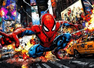 Spiderman dodging attacks in a city street filled with comic book explosions and effects.