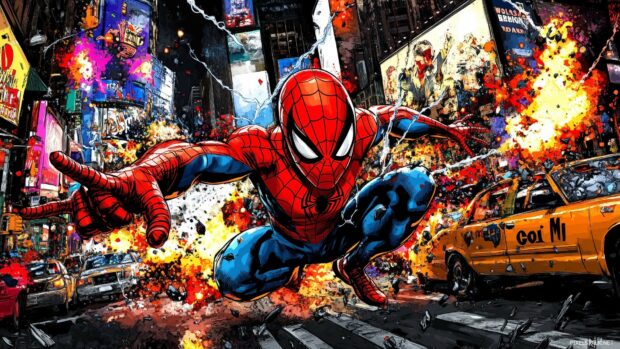 Spiderman dodging attacks in a city street filled with comic book explosions and effects.