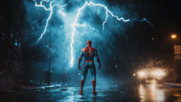 Spiderman facing a fierce storm, with lightning illuminating the sky.