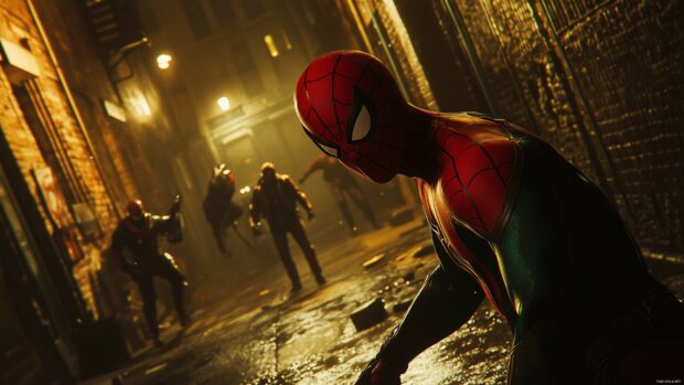 Spiderman fighting against multiple villains in a dark alleyway, 4K desktop wallpaper.