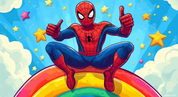 Spiderman giving a thumbs up while sitting on a rainbow with smiling stars around, Desktop Wallpaper HD.