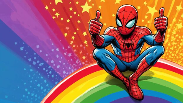 Spiderman giving a thumbs up while sitting on a rainbow with smiling stars around, comics wallpaper.