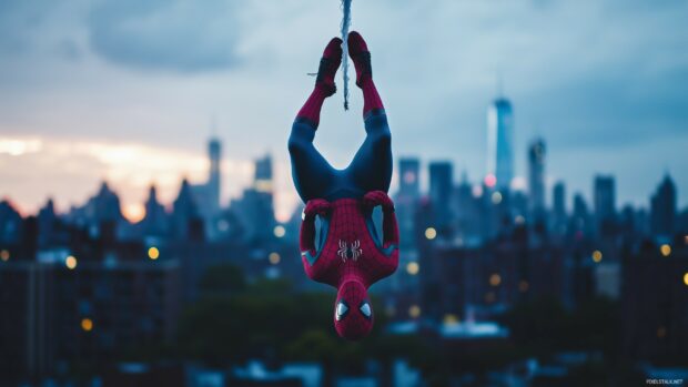 Spiderman hanging upside down from a web, with the city skyline in the background, 2K resolution.