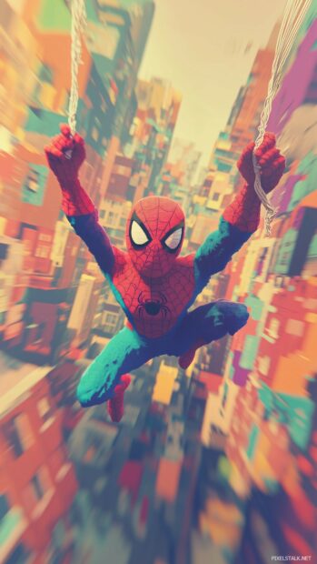 Spiderman happily swinging through a pastel colored city with a big smile .