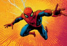 Spiderman in a colorful comic book style, leaping towards the viewer.