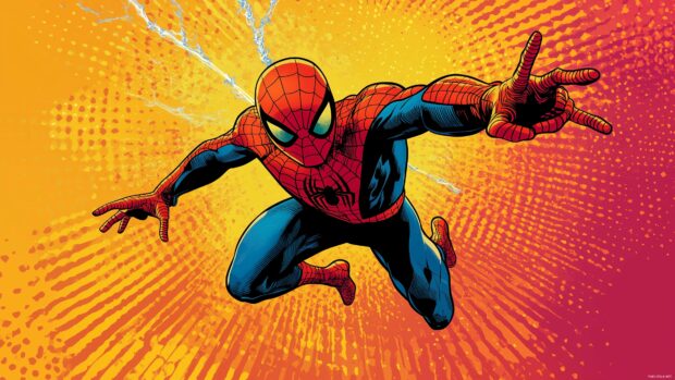 Spiderman in a colorful comic book style, leaping towards the viewer.