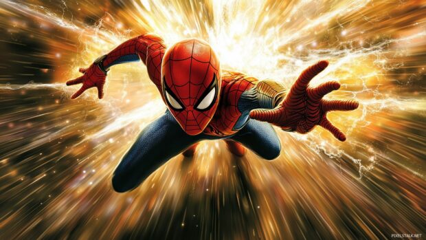 Spiderman in a colorful comic book style, leaping towards the viewer.