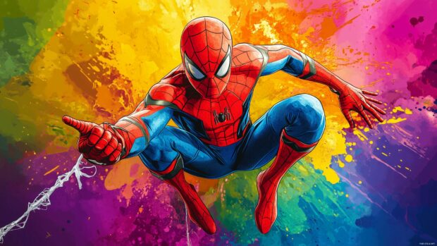 Spiderman in a colorful comic book style, leaping towards the viewer.