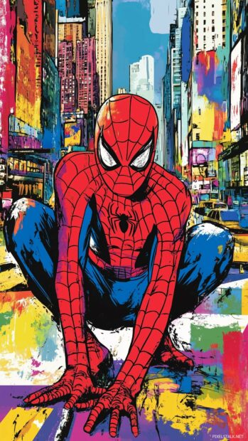 Spiderman in a heroic stance with a colorful comic book cityscape behind him.