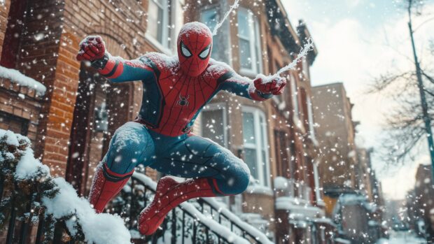 Spiderman in a winter scene, swinging through snow covered streets.