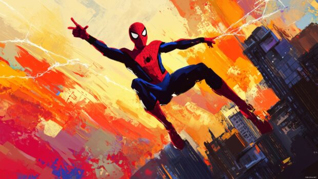 Spiderman leaping between buildings with a dramatic and colorful sky.