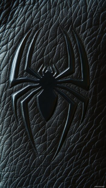 Spiderman logo embossed on a black leather texture background.