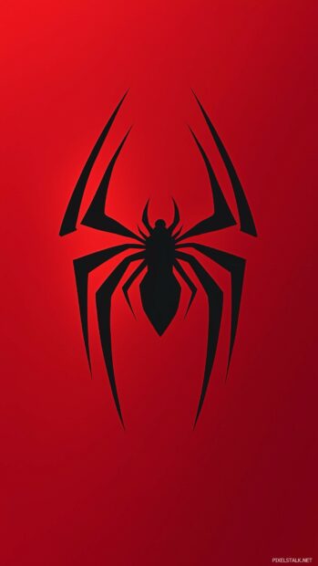 Spiderman logo in a flat design style on a deep red background.