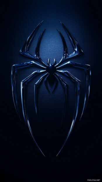 Spiderman logo phone wallpaper HD with a sleek metallic finish on a dark blue background.