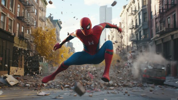 Spiderman mid swing, dodging debris in a collapsing city street.