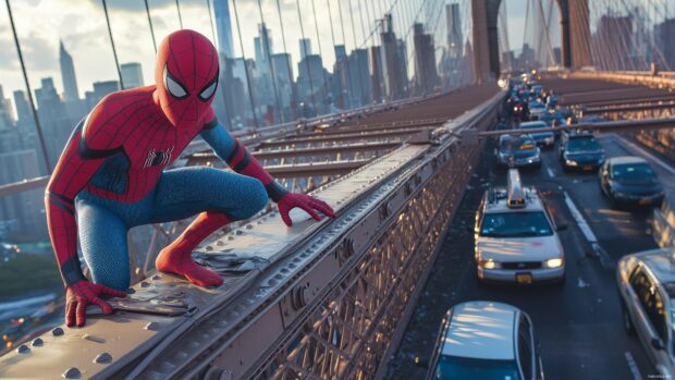 Spiderman on the Brooklyn Bridge, with cars and the city below, 4K wallpaper.