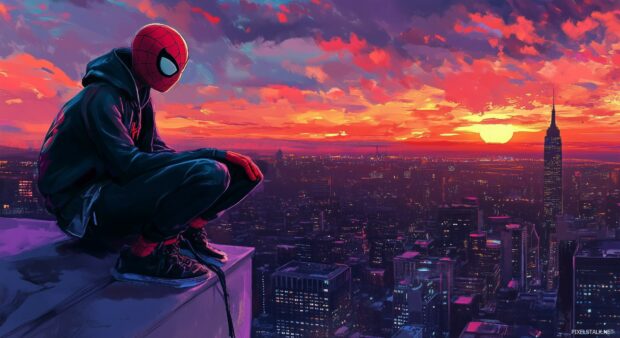 Spiderman perched on a rooftop at sunset with a colorful skyline.