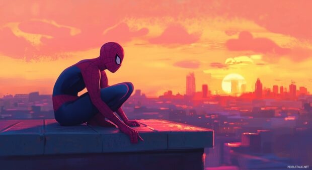 Spiderman perched on a rooftop at sunset with a colorful skyline.