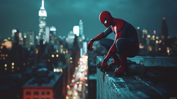 Spiderman perched on top of a tall building, overlooking the city at night, 4K desktop wallpaper.