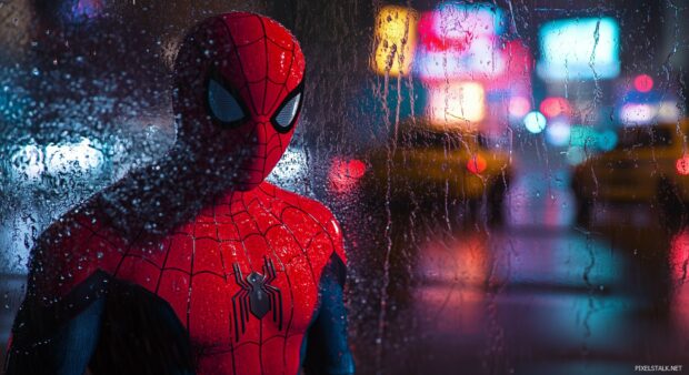 Spiderman reflection in a rain soaked street with his silhouette in the background.