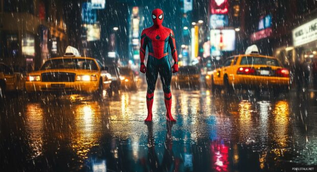 Spiderman reflection in a rain soaked street with his silhouette in the background.