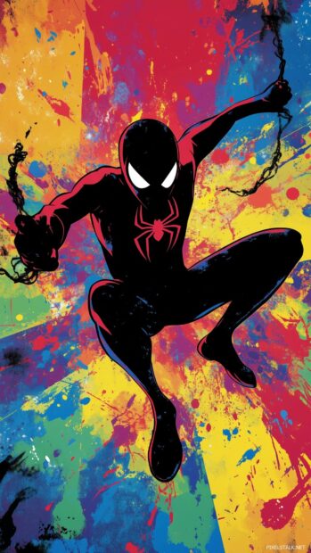 Spiderman silhouette against a vibrant comic book background with dynamic action lines.