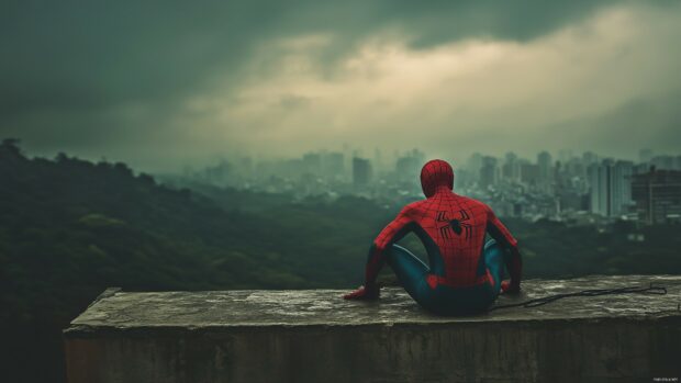 Spiderman sitting on a ledge, contemplating the city below.