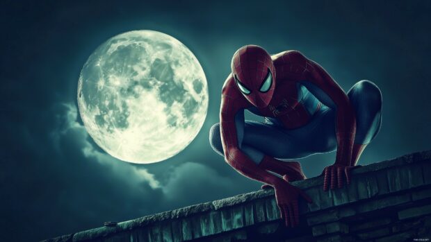 Spiderman standing heroically on a rooftop with a full moon behind him, 4K wallpaper for desktop.