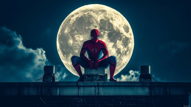 Spiderman standing heroically on a rooftop with a full moon behind him.