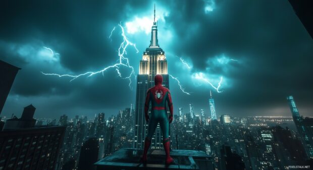 Spiderman standing on top of a skyscraper with lightning illuminating the scene.