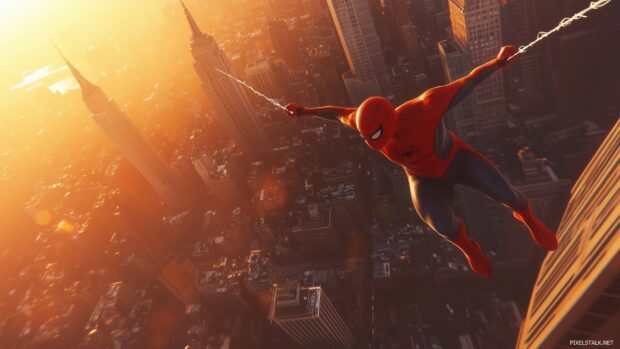 Spiderman swinging between skyscrapers in New York City during sunset.