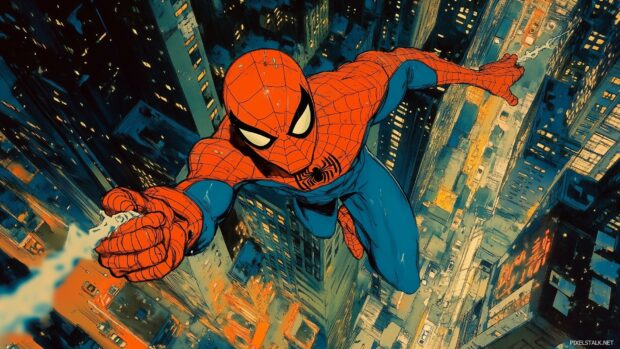 Spiderman swinging between skyscrapers with a vibrant comic book city backdrop, Cartoon style.