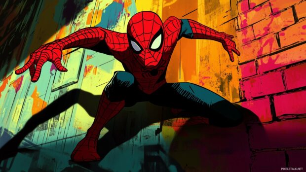 Spiderman swinging directly toward the viewer with a vibrant cityscape behind him.