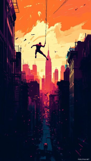 Spiderman swinging on a web with a bold, colorful comic book skyline.