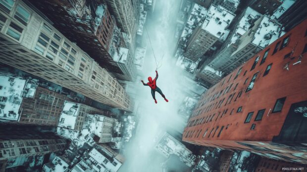 Spiderman swinging through a canyon of buildings with webs trailing behind.