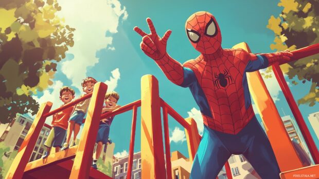 Spiderman waving hello from a colorful jungle gym with happy children around.