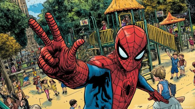 Spiderman waving hello from a colorful jungle gym with happy children around.