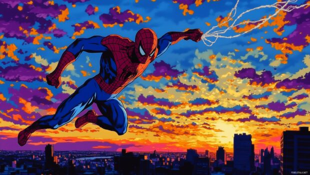 Spiderman web slinging across a dramatic skyline at sunset, with vibrant comic book colors and stylized effects enhancing the sense of motion.