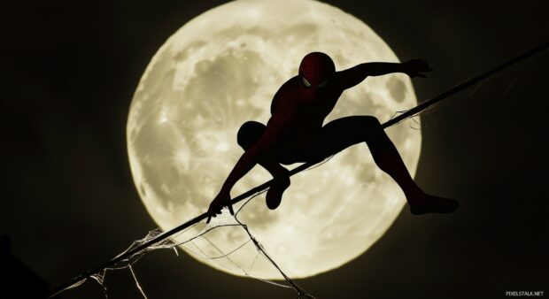 Spiderman web slinging with the full moon in the background.