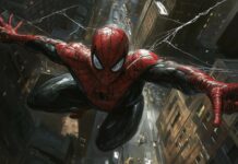 Spiderman with his arms spread wide, webbing connecting him to surrounding buildings.