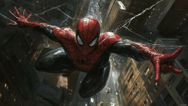 Spiderman with his arms spread wide, webbing connecting him to surrounding buildings.