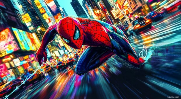 Spiderman zooming through the city streets with comic book style motion lines and bright,.