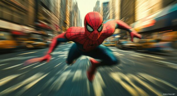 Spiderman zooming through the city streets with comic book style motion lines and bright, comics HD wallpaper.