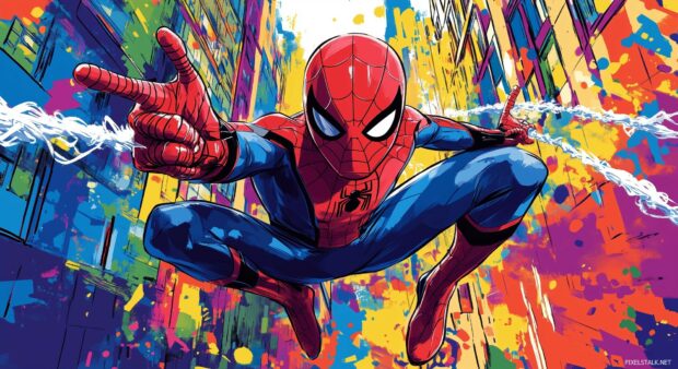 Spiderman’s iconic web shooting pose against a colorful comic book backdrop, Cartoon style.