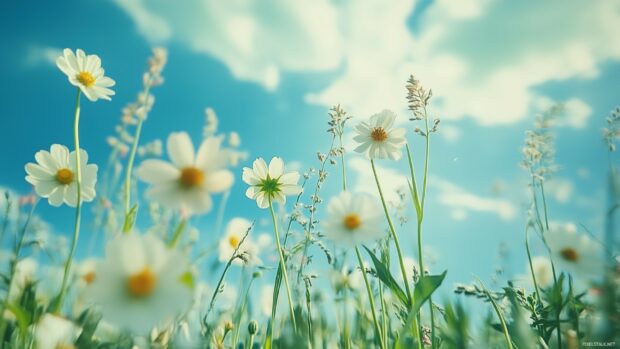 Spring meadow with flowers desktop wallpaper with blooming flowers and fresh greenery, evoking the vibrant spirit of the season.