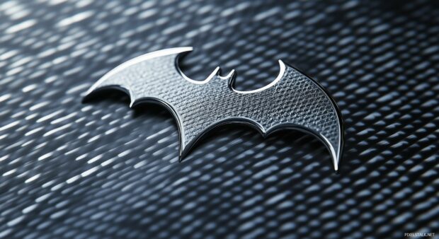 The Batman logo rendered in a chrome finish, centered on a sleek carbon fiber background.