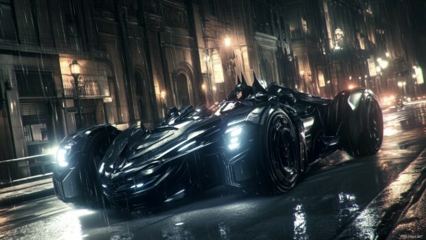 The Batmobile speeding through Gotham streets at night, with Batman inside, the city lights reflecting off the sleek vehicle.